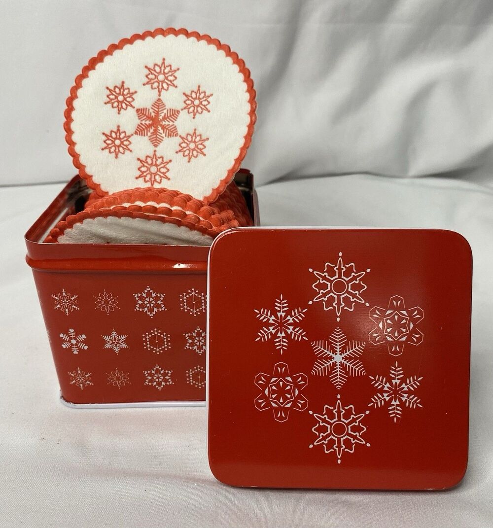 80s Christmas 1985 Interpur 40) Paper Coaster Set Red Tin Box Snowflake Design